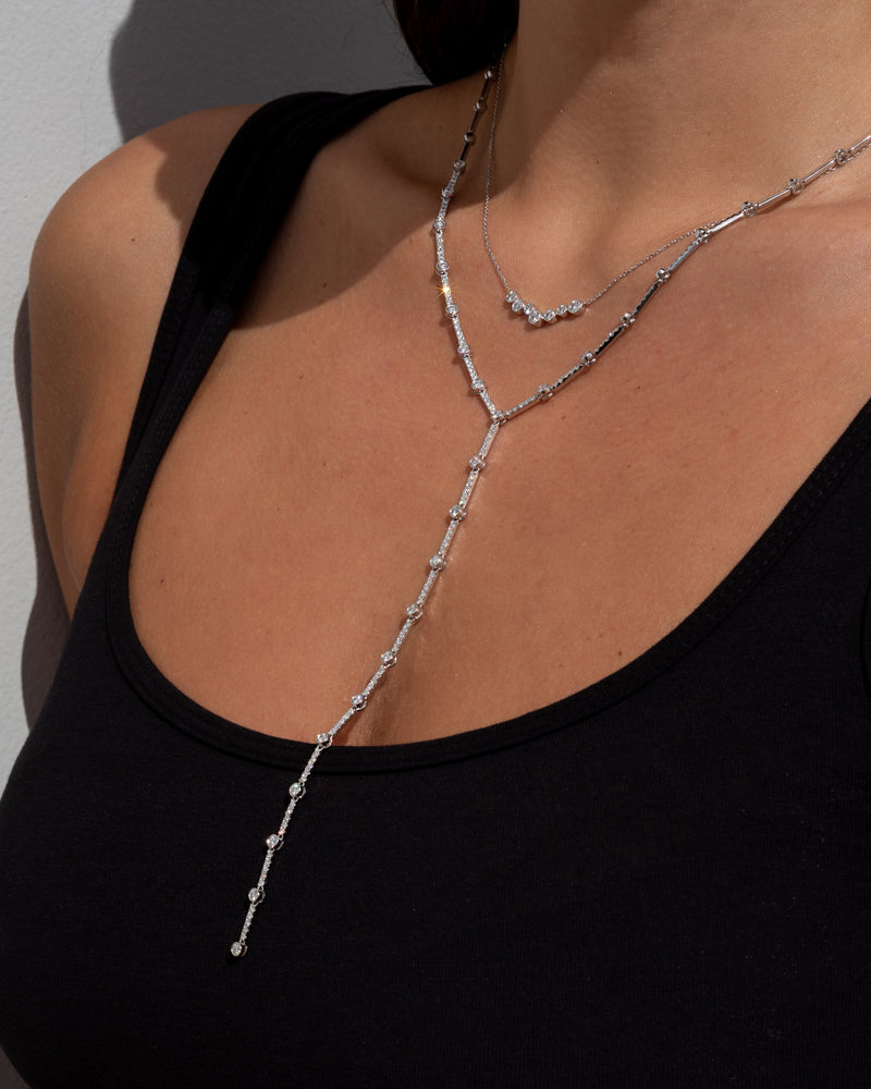 14 Karat White Gold Lariat Diamond Bezel Necklace