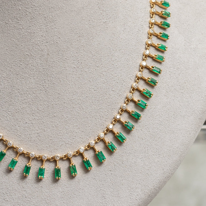 14 Karat Diamond and Emerald Baguette Necklace