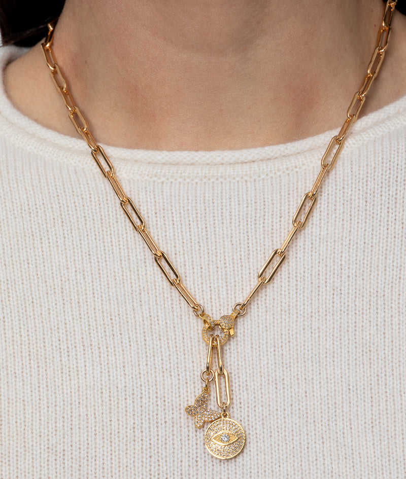 Yellow Gold Filled Chain with Diamond Butterfly and Eye Short Pendant Necklace
