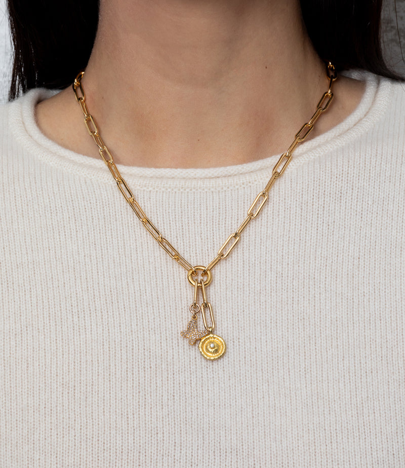 Yellow Gold Filled Chain with Diamond Butterfly and Hammered Eye Short Pendant Necklace