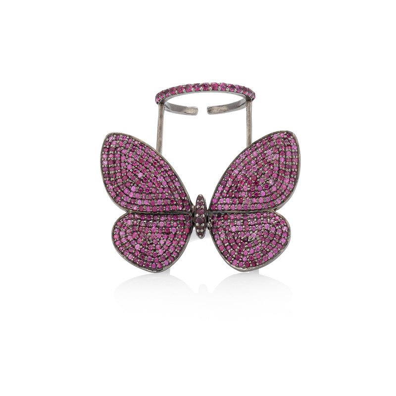 Black Rhodium Silver and Pink Sapphire Fluttering Butterfly Ring